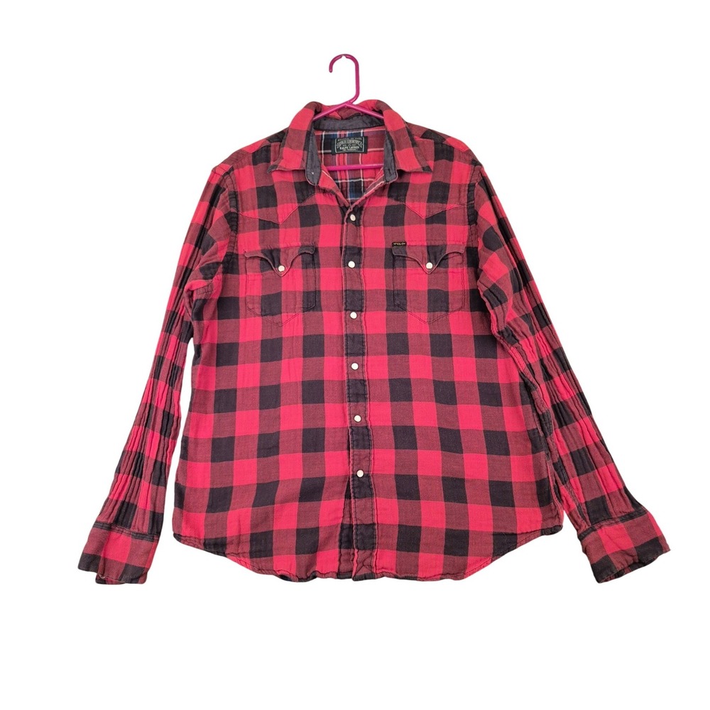 Polo Country‎ Ralph Lauren Red Black Buffalo Plaid Western Pearl Snap Shirt Sz L